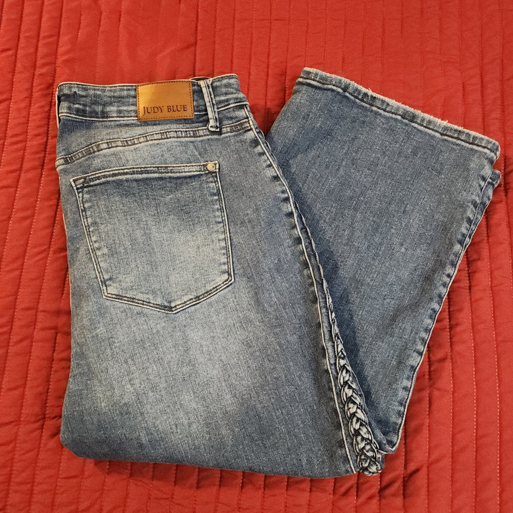 E29 Judy Blue Wide Leg Jeans 18W Blue Braided‎ Side Raw Hem Stretch Denim
